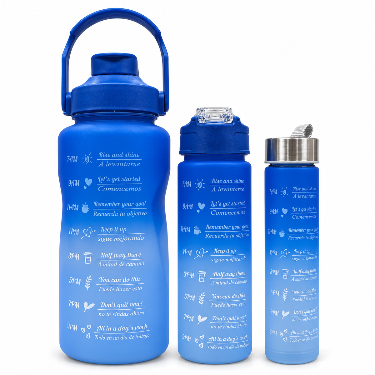 Motivational Water Bottle 3pcs Set with Time Markers Water Lines - 2000ml, 900ml,300ml