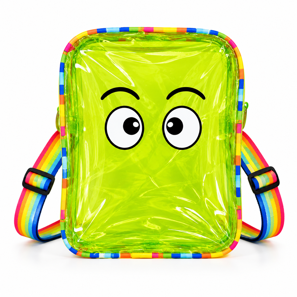 A square clear plastic bag with a bright lime green neon center panel, printed cartoon eyes and eyebrows, and a multicolor rainbow-striped border and shoulder strap with black plastic buckles, shown on a white background.