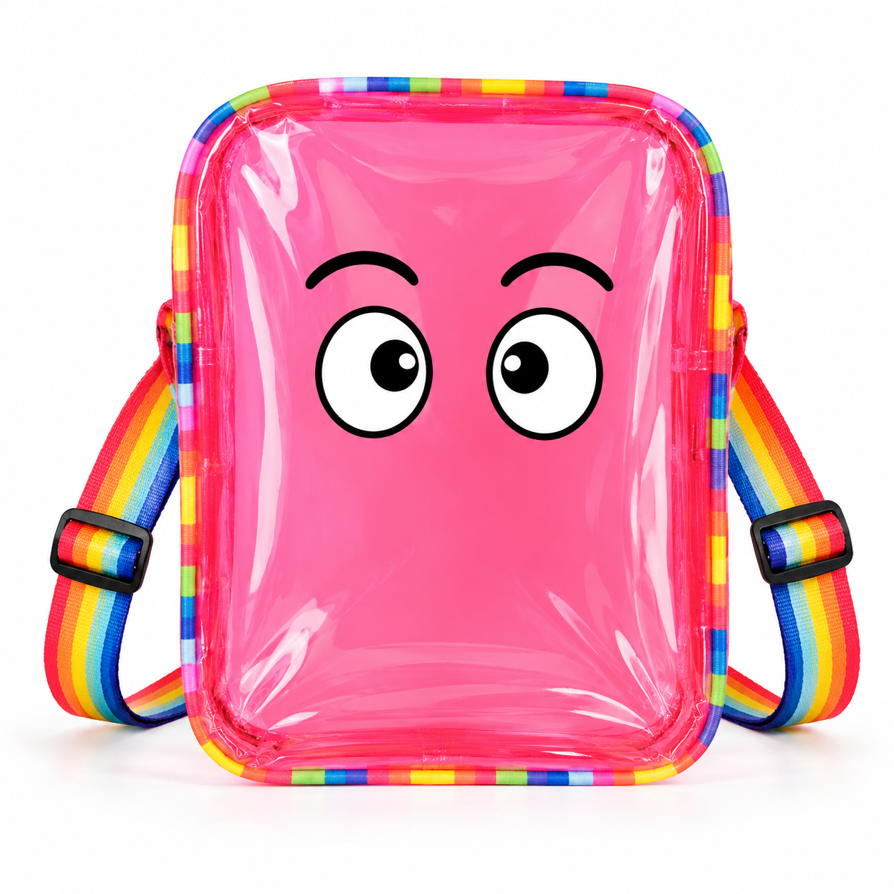 A translucent pink  bag with a cartoon face printed on the front and a rainbow-colored shoulder strap, shown against a plain white background.
