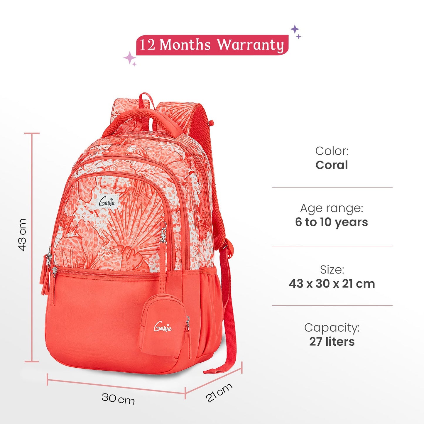 Genie Donna 27L Coral School Backpack with 1 Year Warranty