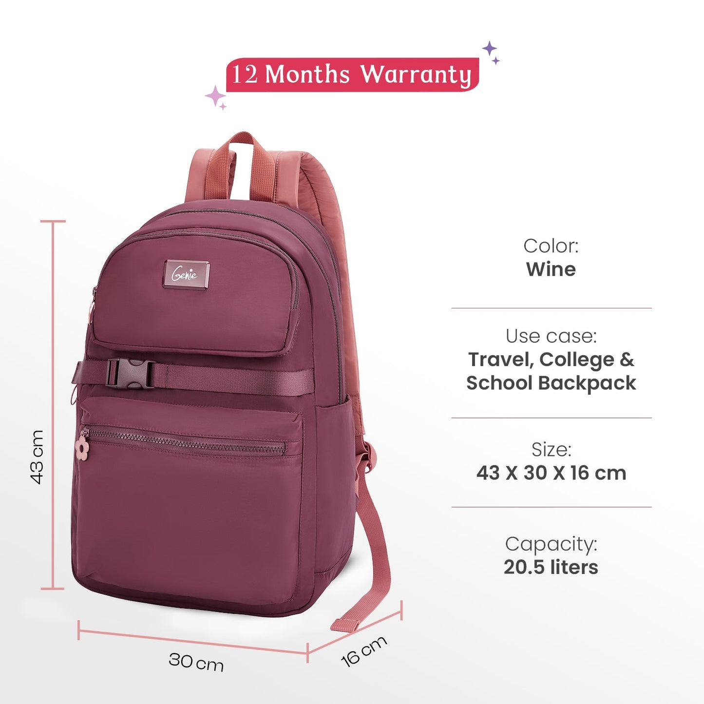 Genie Maple 21L Wine College Backpack With Laptop Sleeve + 1 Year Warranty