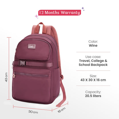 Genie Maple 21L Wine College Backpack With Laptop Sleeve + 1 Year Warranty