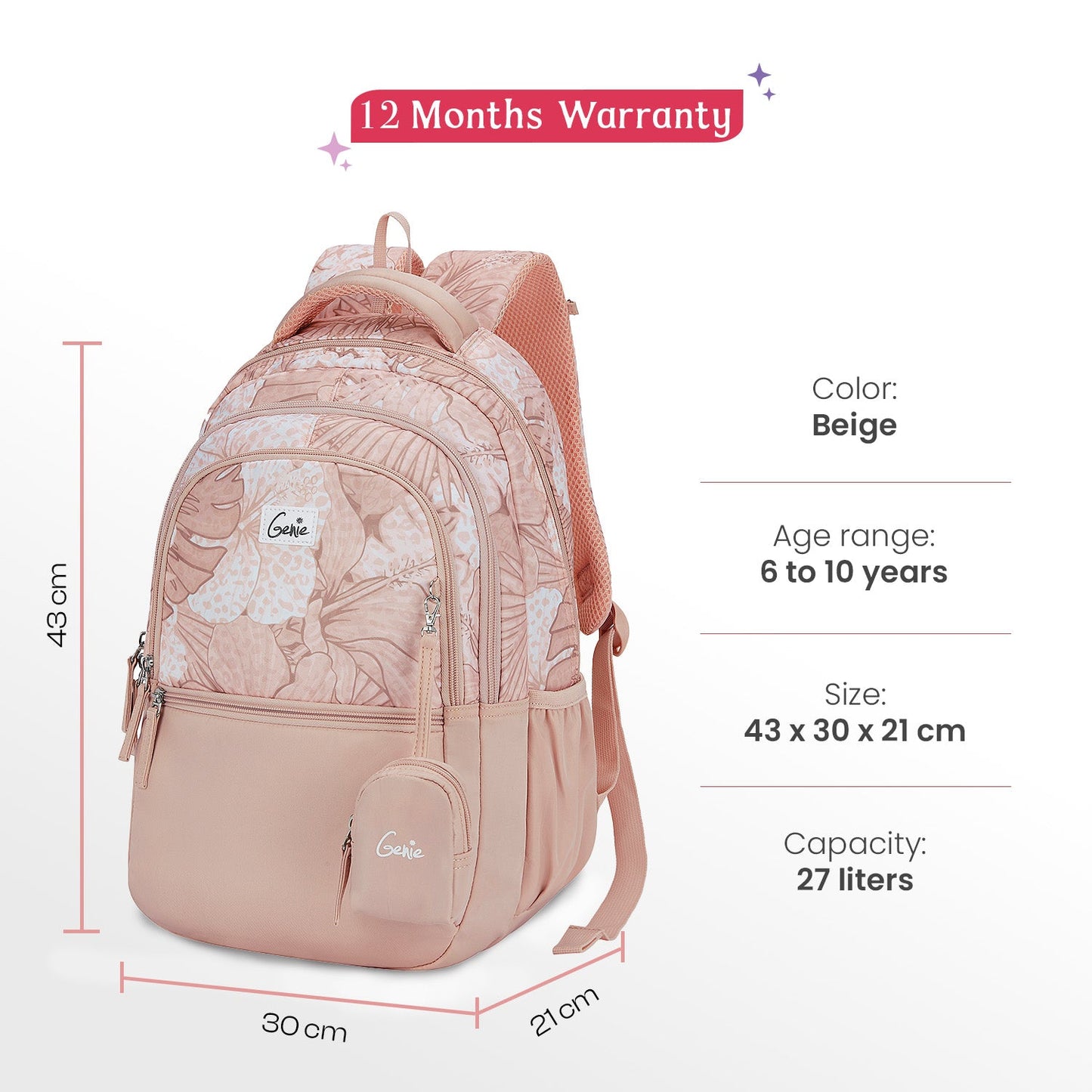 Genie Donna 27L Beige School Backpack with 1 Year Warranty