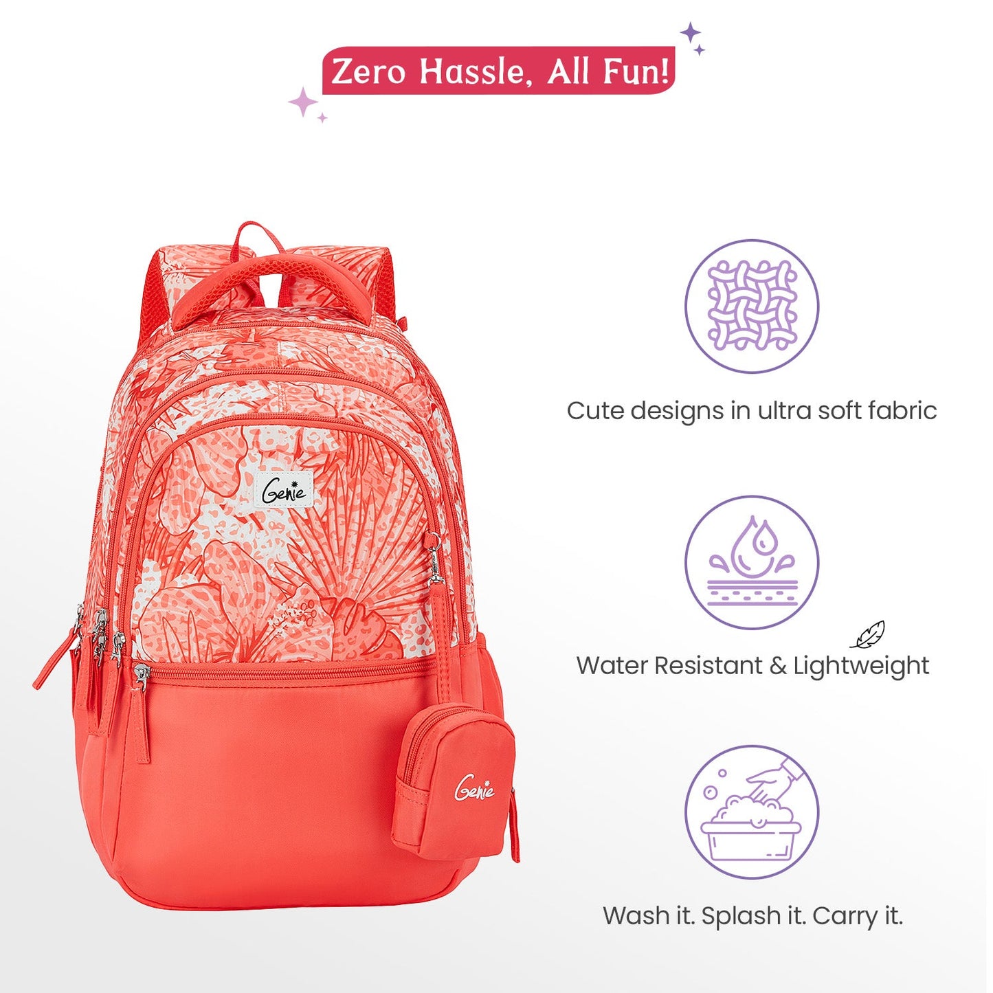 Genie Donna 27L Coral School Backpack with 1 Year Warranty