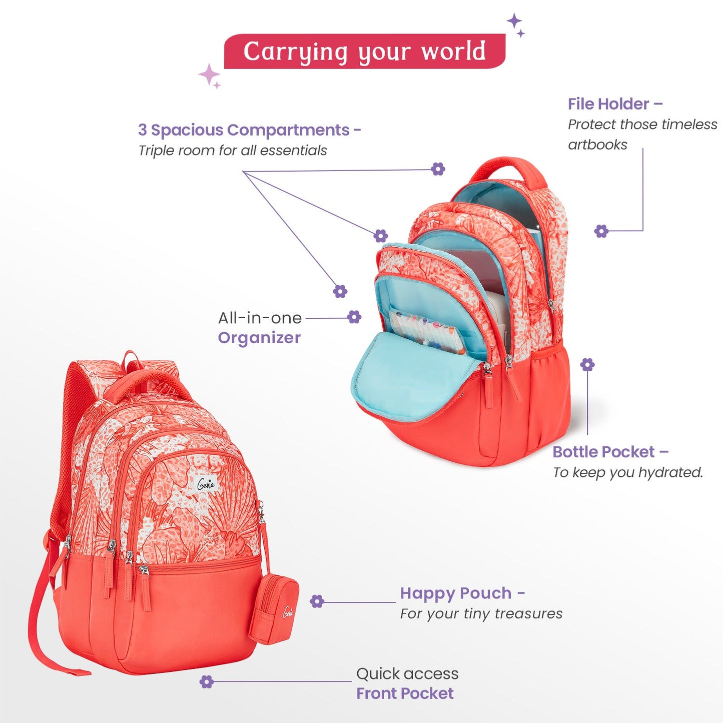 Genie Donna 27L Coral School Backpack with 1 Year Warranty