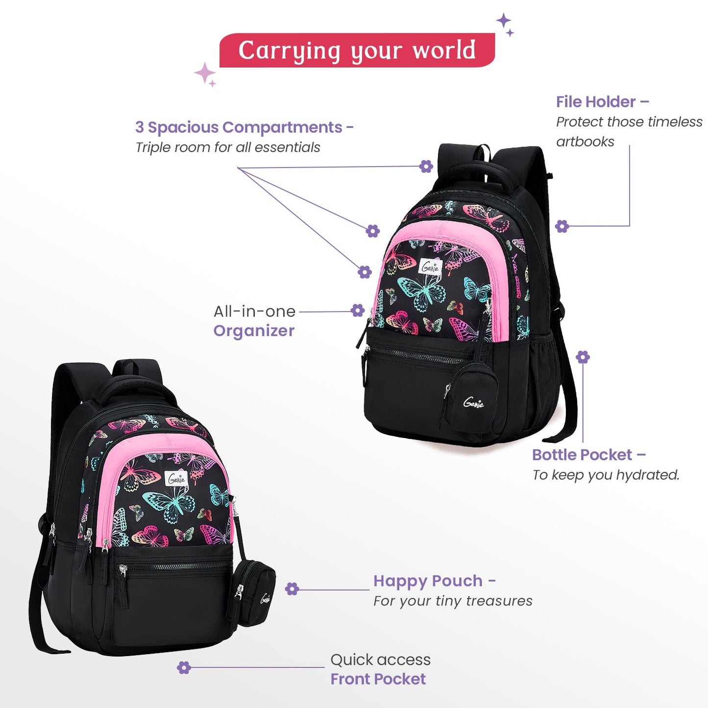 Genie Nectar 27L Black School Backpack with 1 Year Warranty