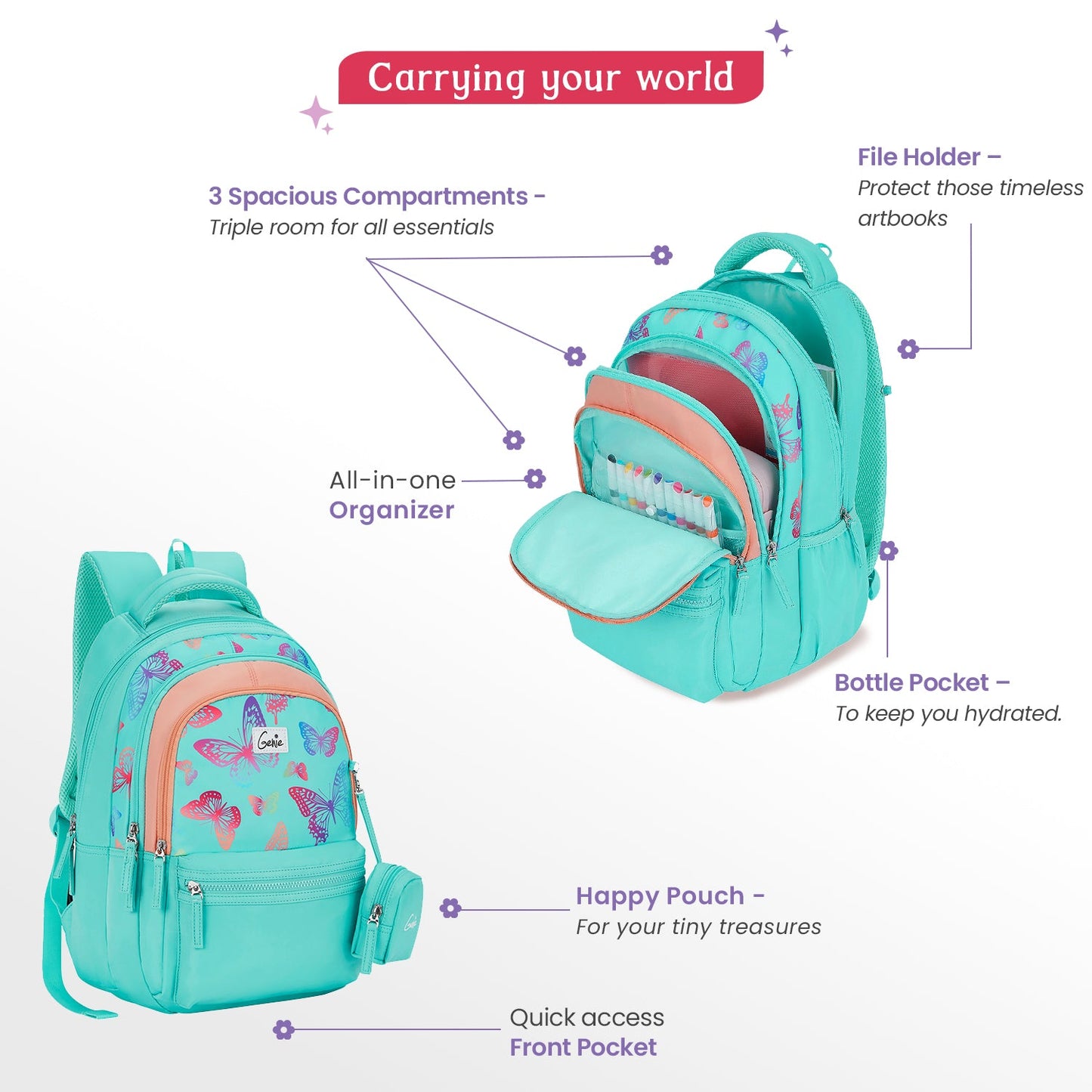 Genie Nectar 27L Teal School Backpack with 1 Year Warranty