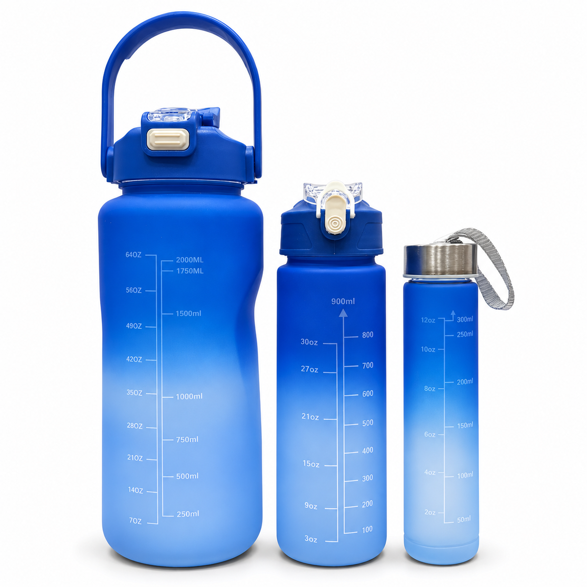 Motivational Water Bottle 3pcs Set with Time Markers Water Lines - 2000ml, 900ml,300ml