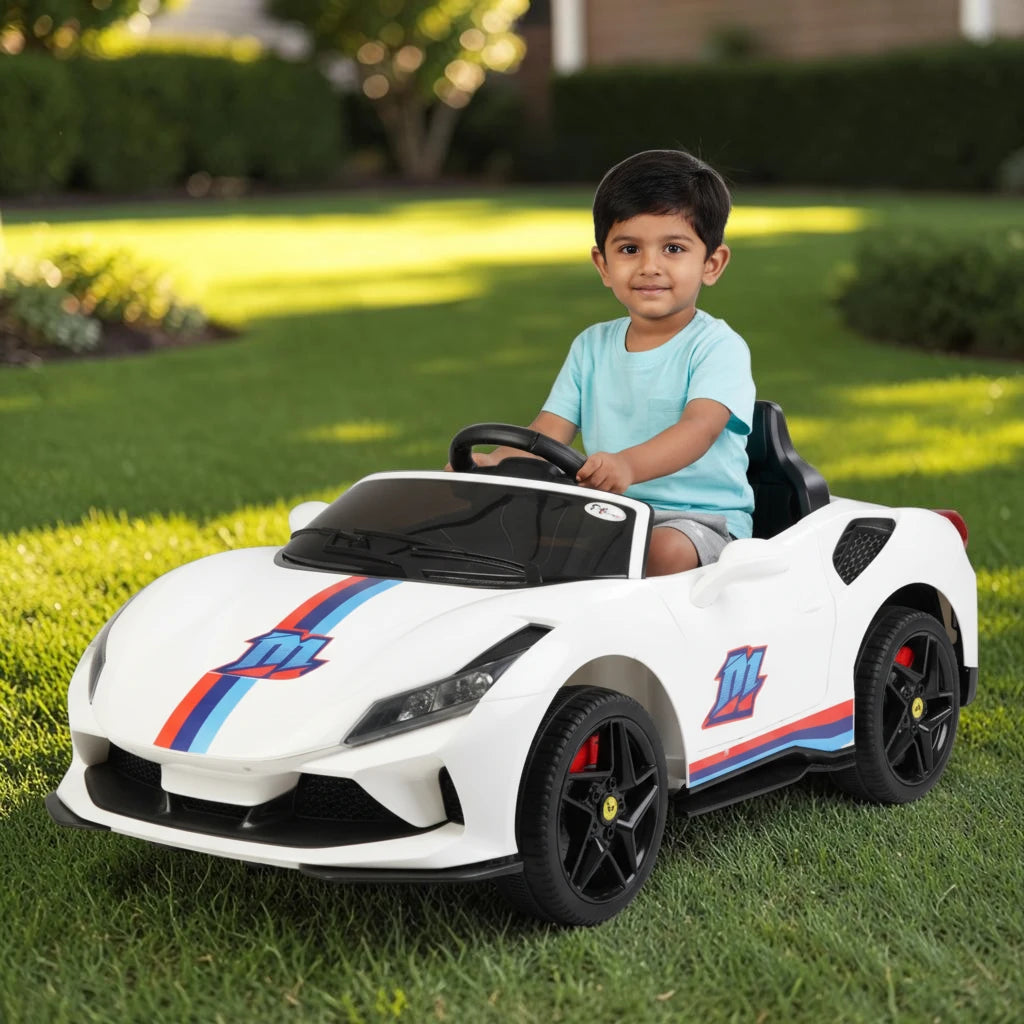 Toy House Battery Operated Ride-On Car for Kids - White With Sticker