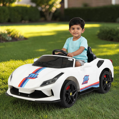 Toy House Battery Operated Ride-On Car for Kids - White With Sticker