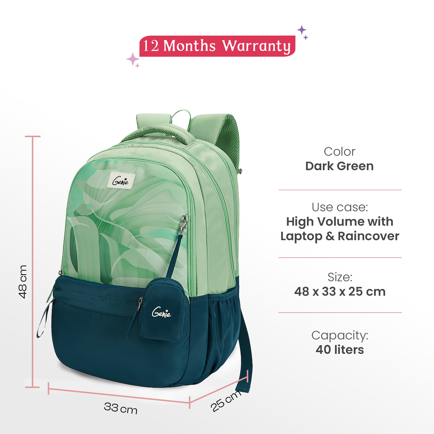 Genie Celia 40L Dark Green Laptop Backpack With Raincover + 1 Year Warranty