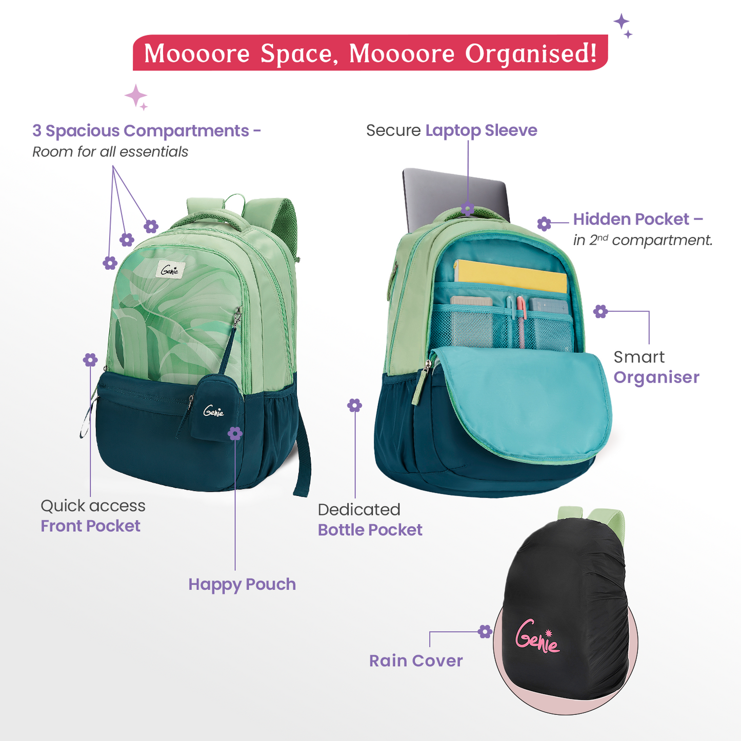 Genie Celia 40L Dark Green Laptop Backpack With Raincover + 1 Year Warranty