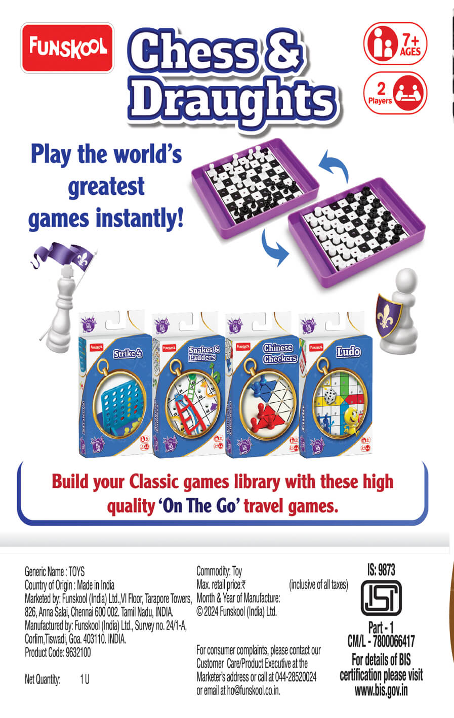 Portable Funskool Travel Chess & Draughts Board Game Set with Folding Pieces