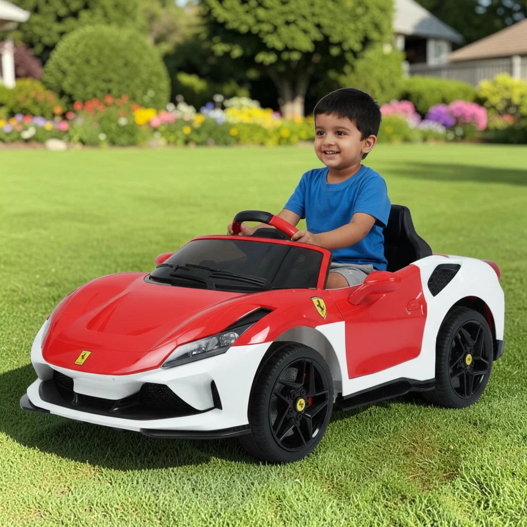 Toy House Battery Operated Ride-On Car for Kids - White With Red