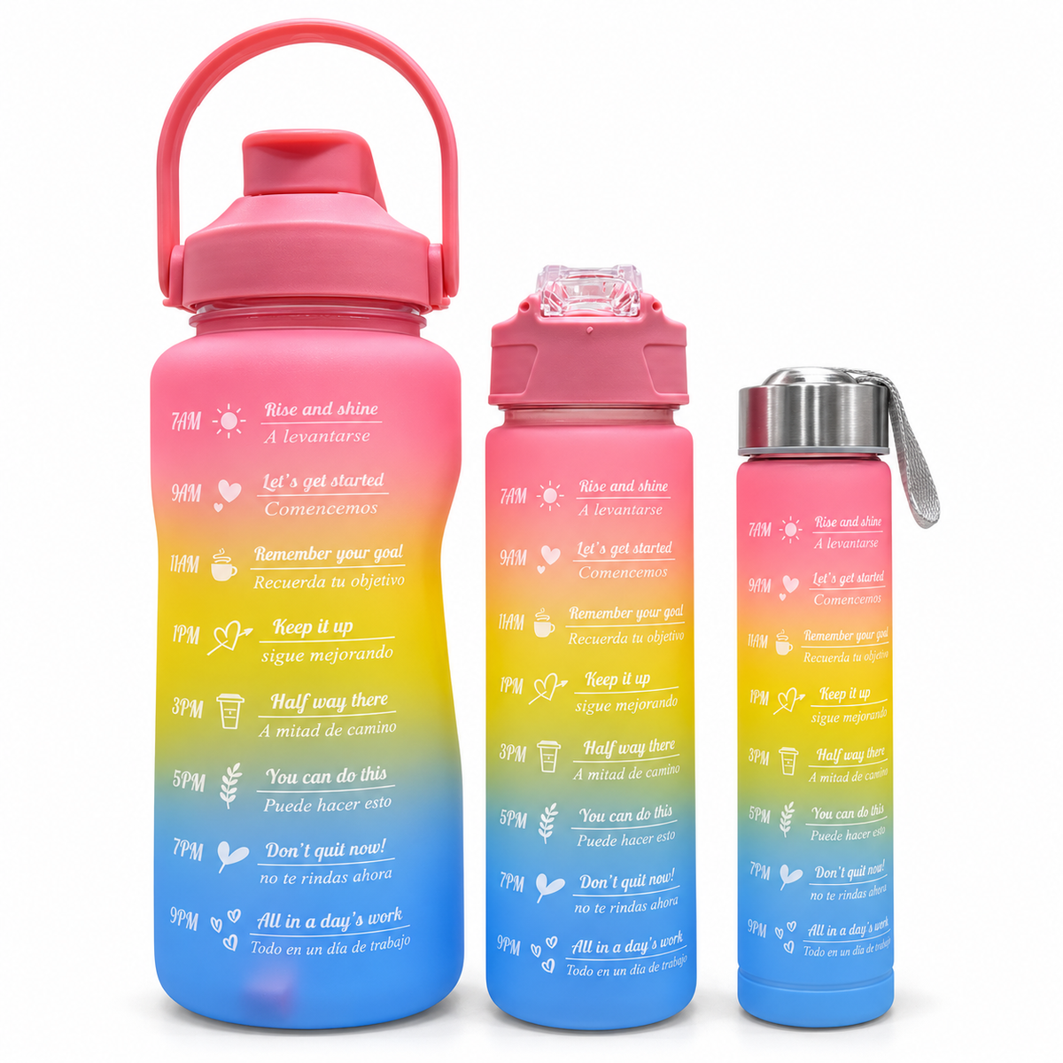 Motivational Water Bottle 3pcs Set with Time Markers Water Lines - 2000ml, 900ml,300ml