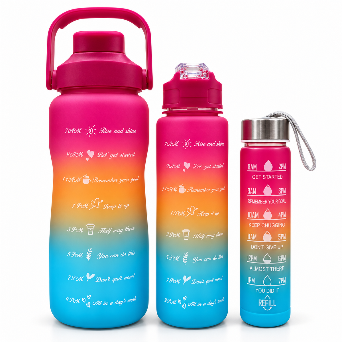 Motivational Water Bottle 3pcs Set with Time Markers Water Lines - 2000ml, 900ml,300ml