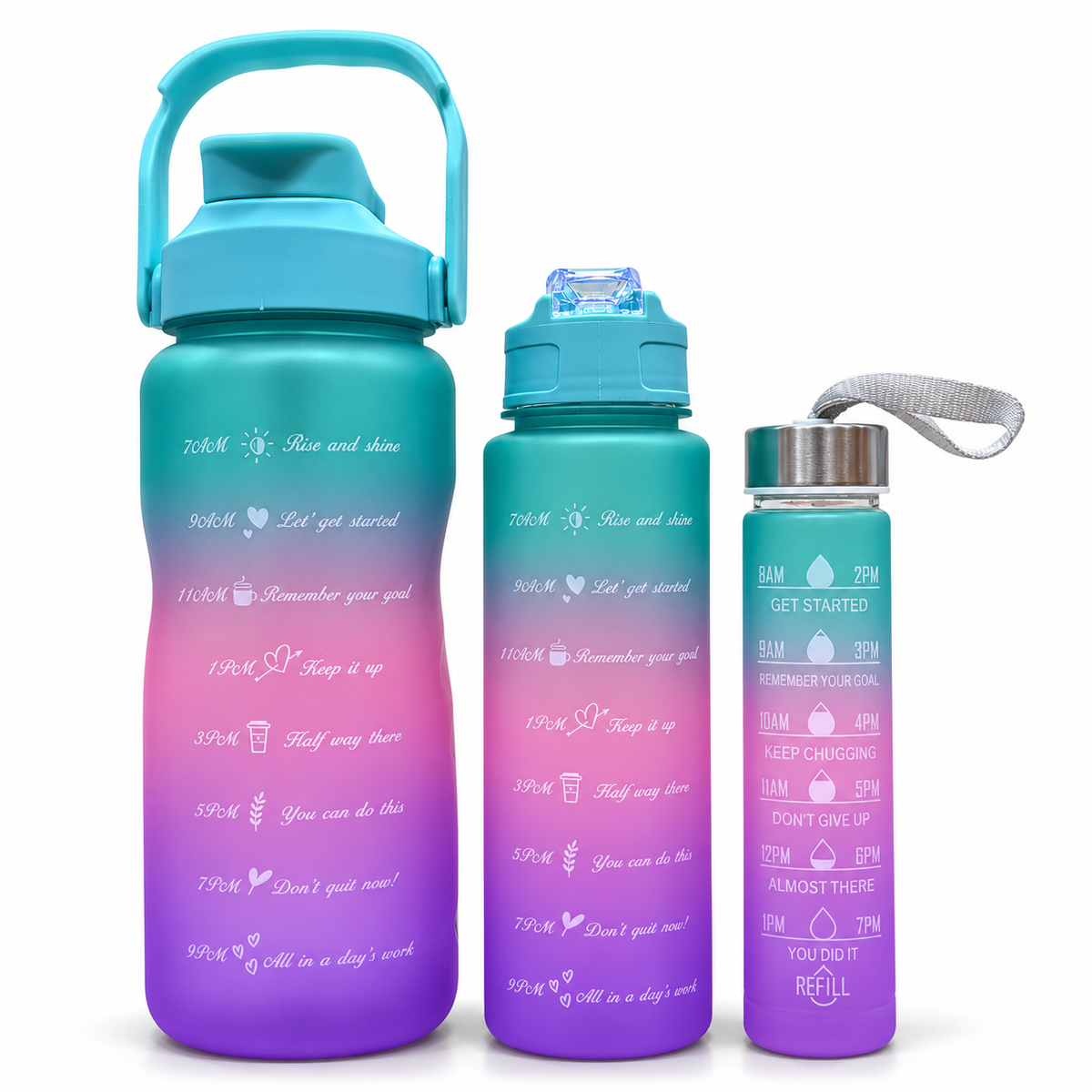 Motivational Water Bottle 3pcs Set with Time Markers Water Lines - 2000ml, 900ml,300ml