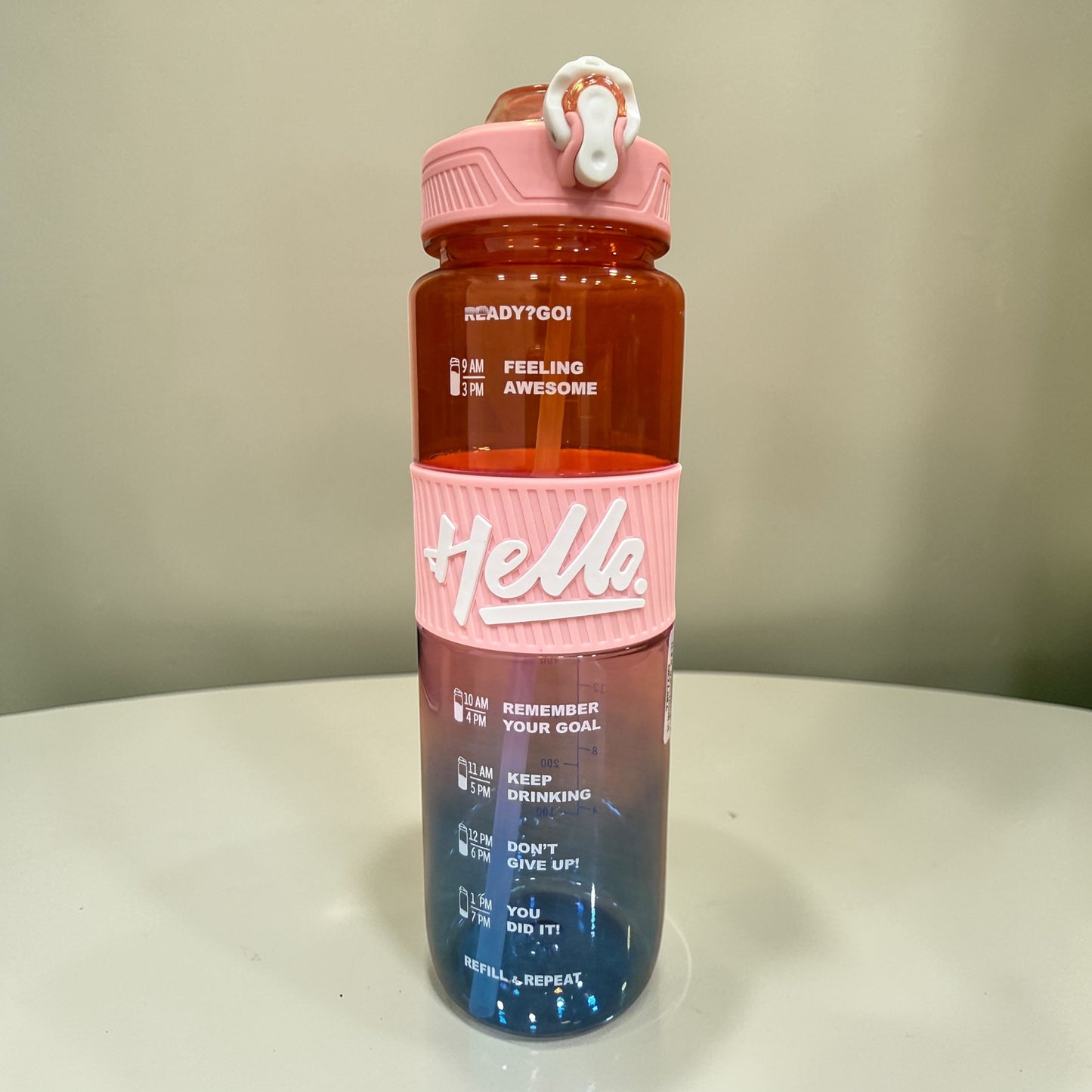 Hello Motivational Water Bottle | Time Markers Detail