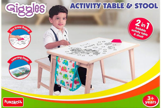 Giggles - Activity Table & Stool, Wooden Kids Study Table, Dry Erase Board,Studying and Storage, 3+ years by Funskool
