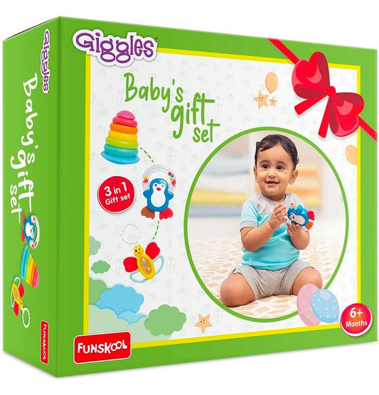 Giggles - Baby's Gift Set, Multicolour Baby Toy Gift Set for New Born, Stacking Rings,Teether,Rattle, 6+ months by Funskool
