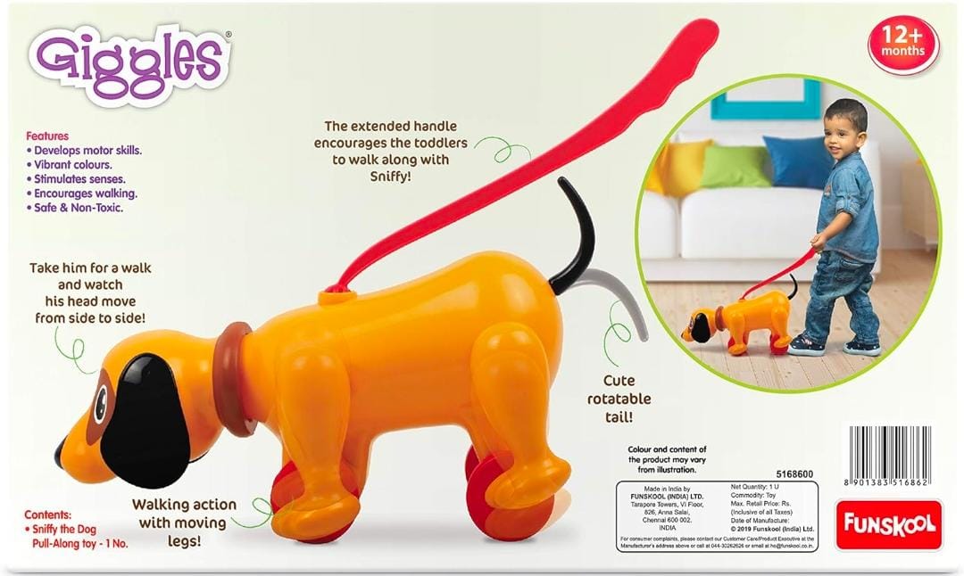 Giggles - Sniffy The Dog , Pull along toy , Head bobs,Tail wags,Encourages Walking , Infant and Preschool Toys, 12+ months by Funskool