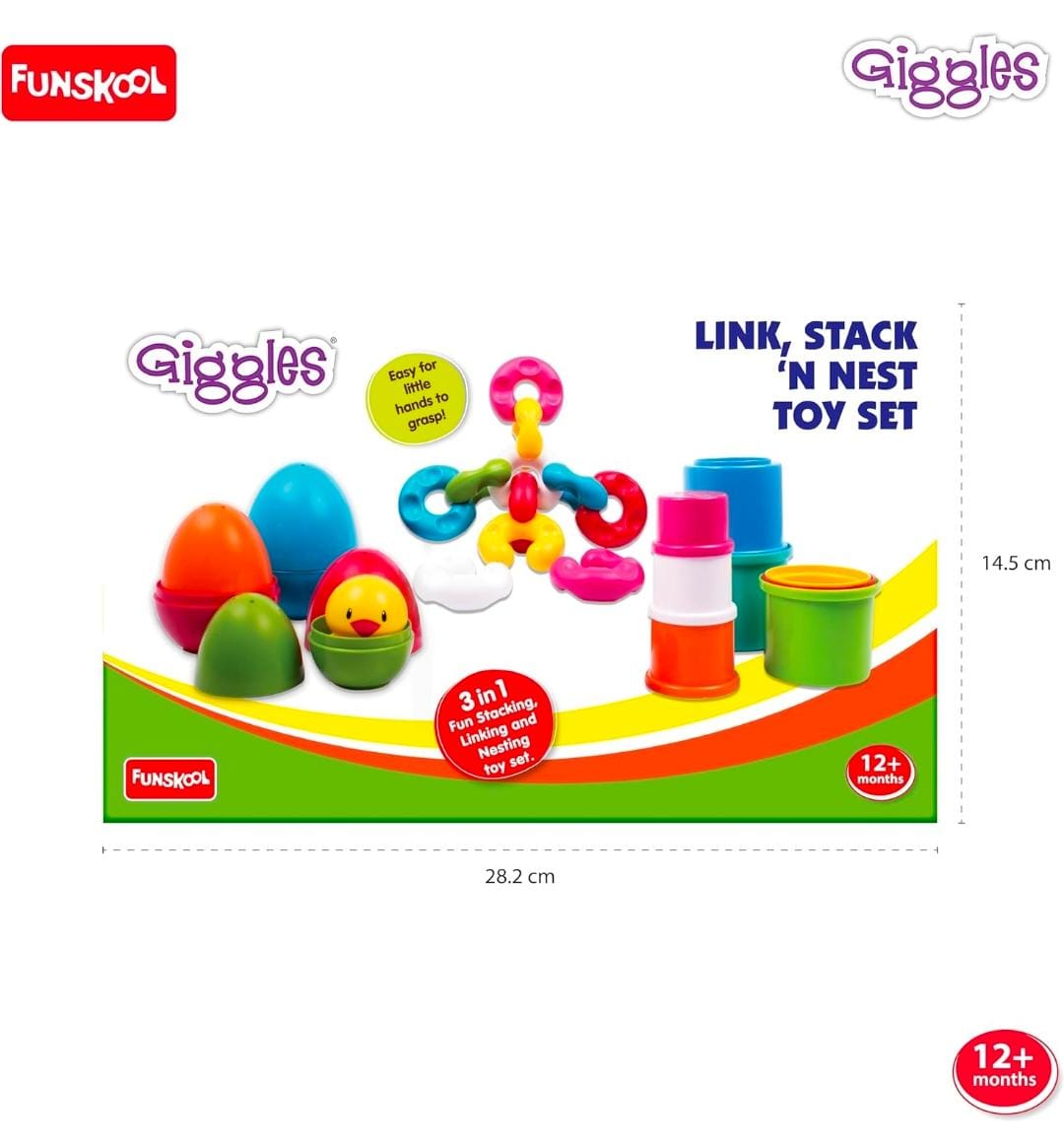 Giggles - Link Stack N Nest Toy Set , Multicolour 3 in 1 gift set, Develops motor skills , 12+ months by Funskool