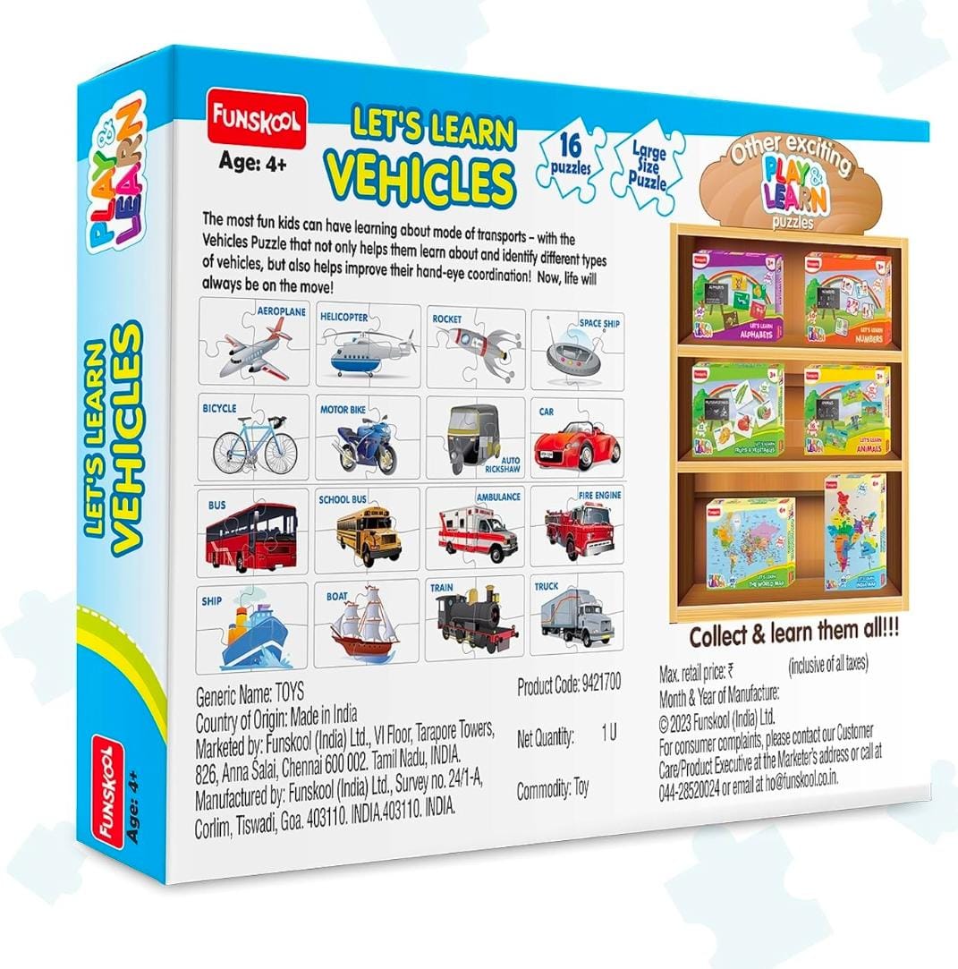 Funskool - Play & Learn-Vehicles,Educational,16 Pieces,Puzzle,for 3 Year Old Kids and Above,Toy