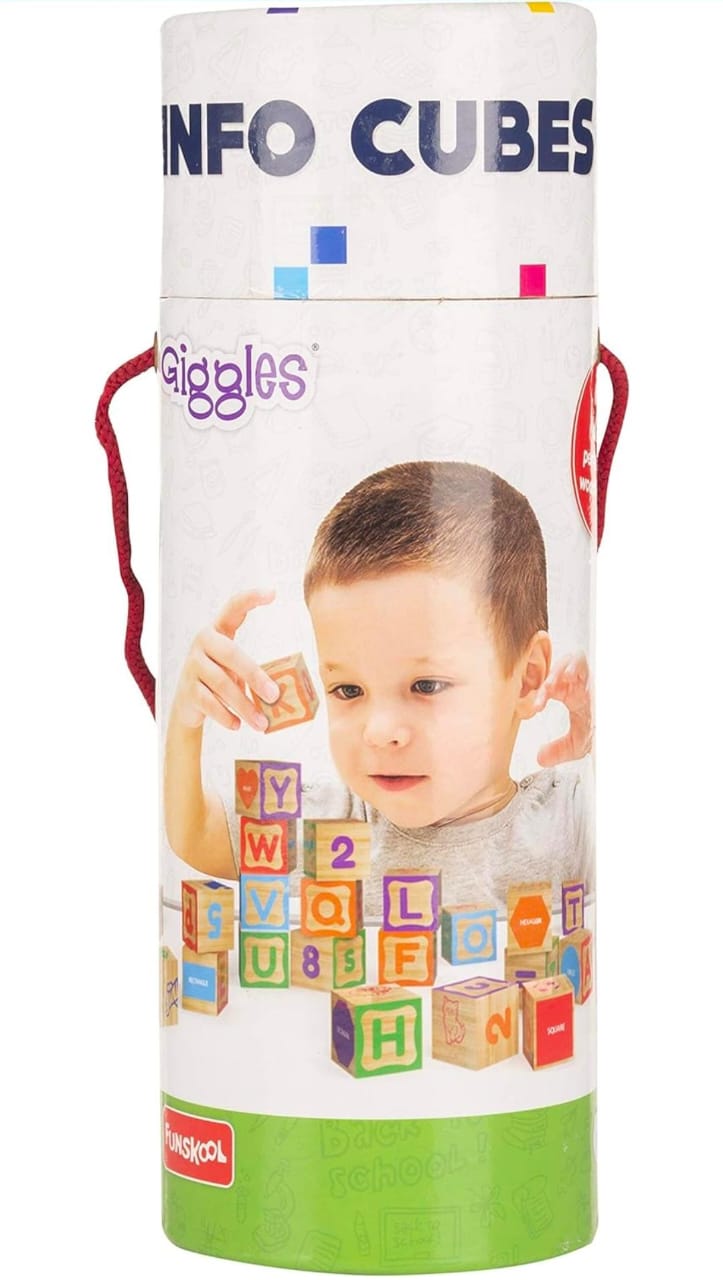 Giggles - Info Cubes, Educational Learning blocks, Teaches Alphabet,Numbers,Colour shapes & Picture puzzle, Preschool toys, Multicolor, 26 pieces, 3+ years by Funskool