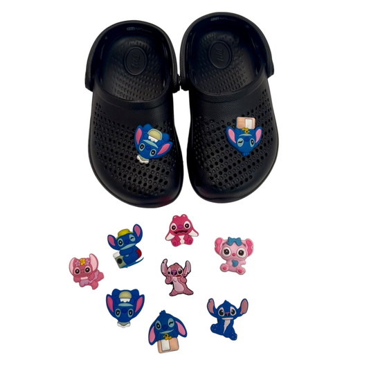 TipTop Retail set of 8 colorful rubber character shoe charms for clog-style footwear on black shoes