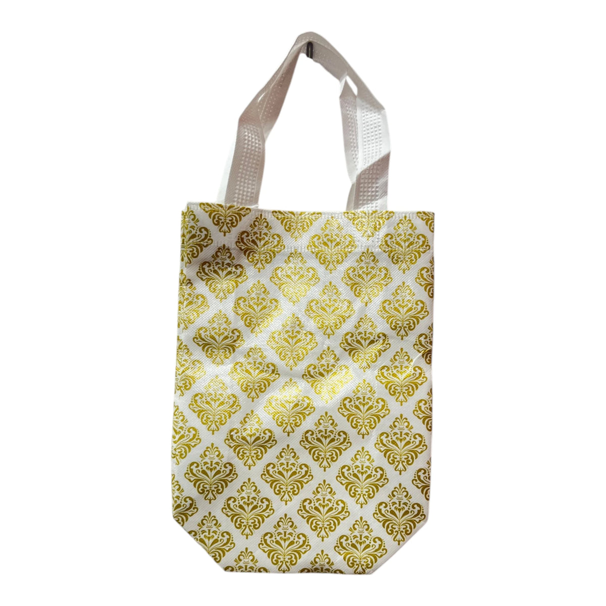 9.5" Carry Bag for Return Gifts, Canvas Fabric Bags for Wedding & Festivals, White-Gold Printed (Small)