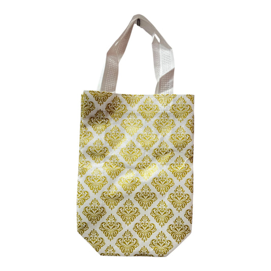 9.5" Carry Bag for Return Gifts, Canvas Fabric Bags for Wedding & Festivals, White-Gold Printed (Small)