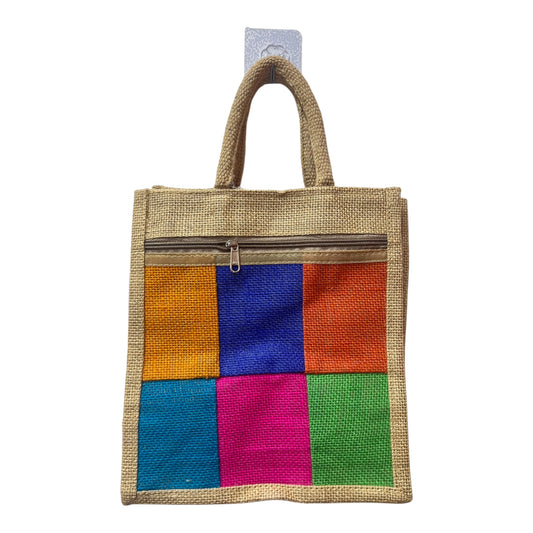 Jute Multicolour Square Checks Tote Bag with Zipper