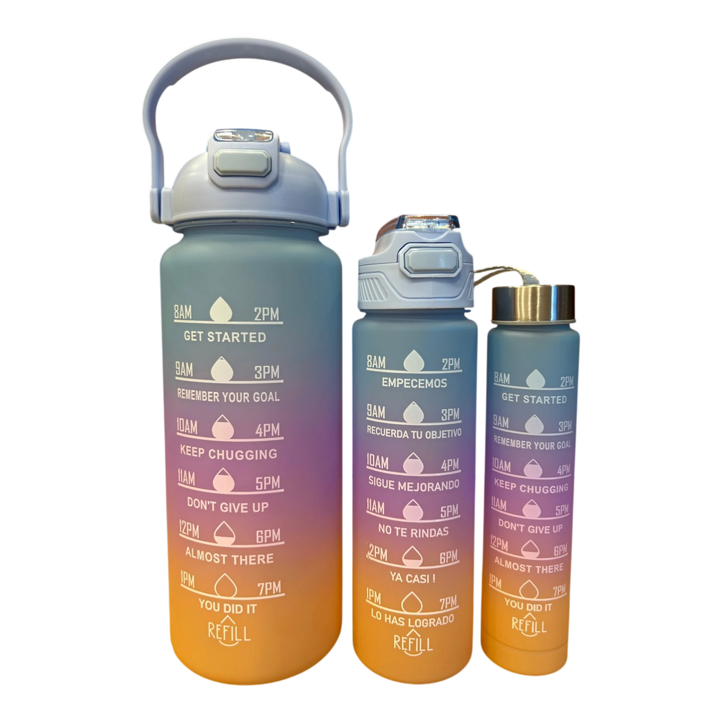 Motivational Water Bottle 3pcs Set with Time Markers Water Lines | 2000ml, 630ml,270ml | Hydration bottle for gym, school & office