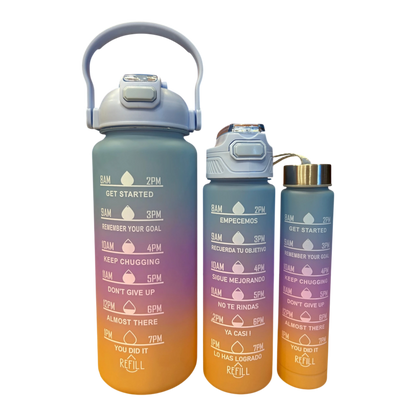 Motivational Water Bottle 3pcs Set with Time Markers Water Lines | 2000ml, 630ml,270ml | Hydration bottle for gym, school & office