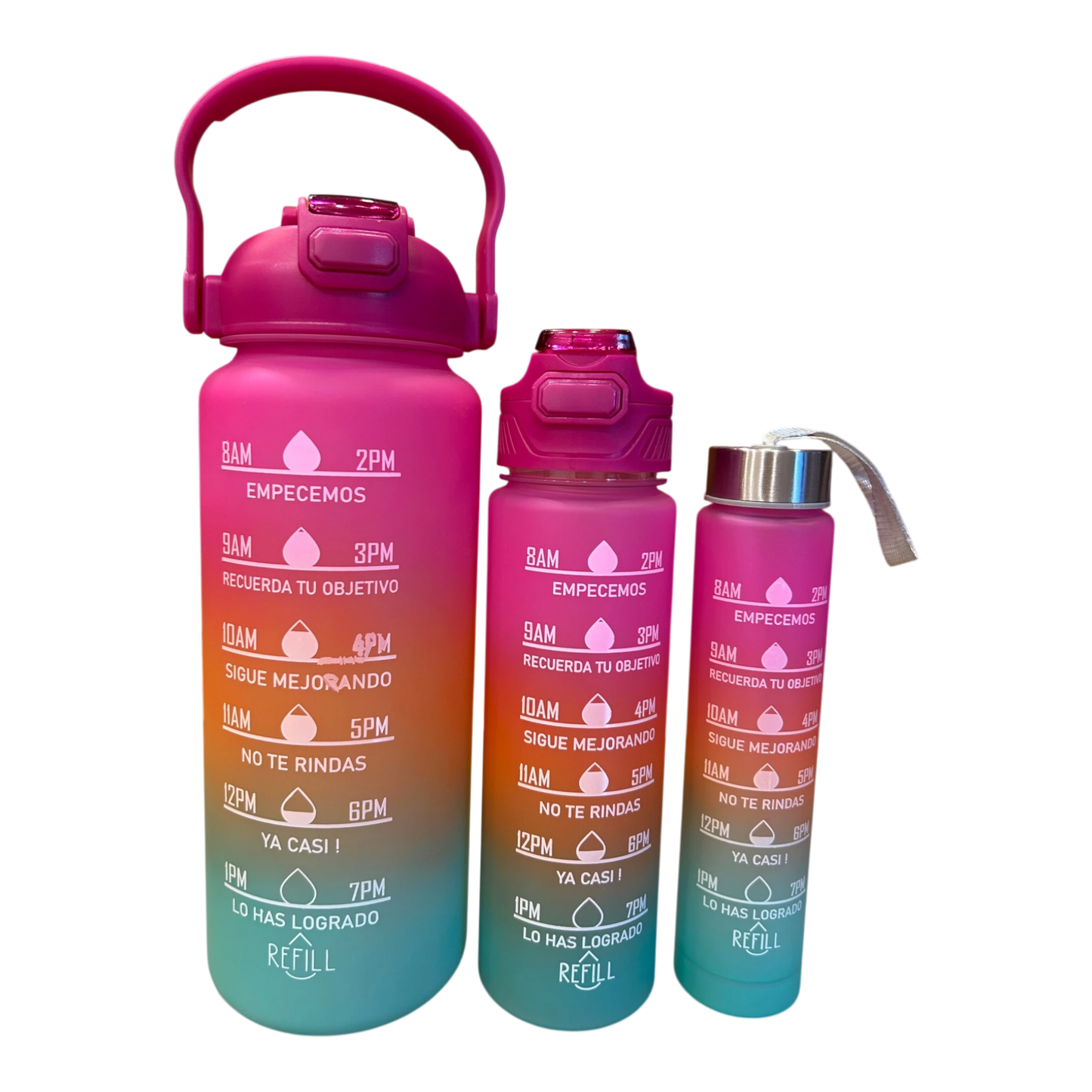 Motivational Water Bottle 3pcs Set with Time Markers Water Lines | 2000ml, 630ml,270ml | Hydration bottle for gym, school & office