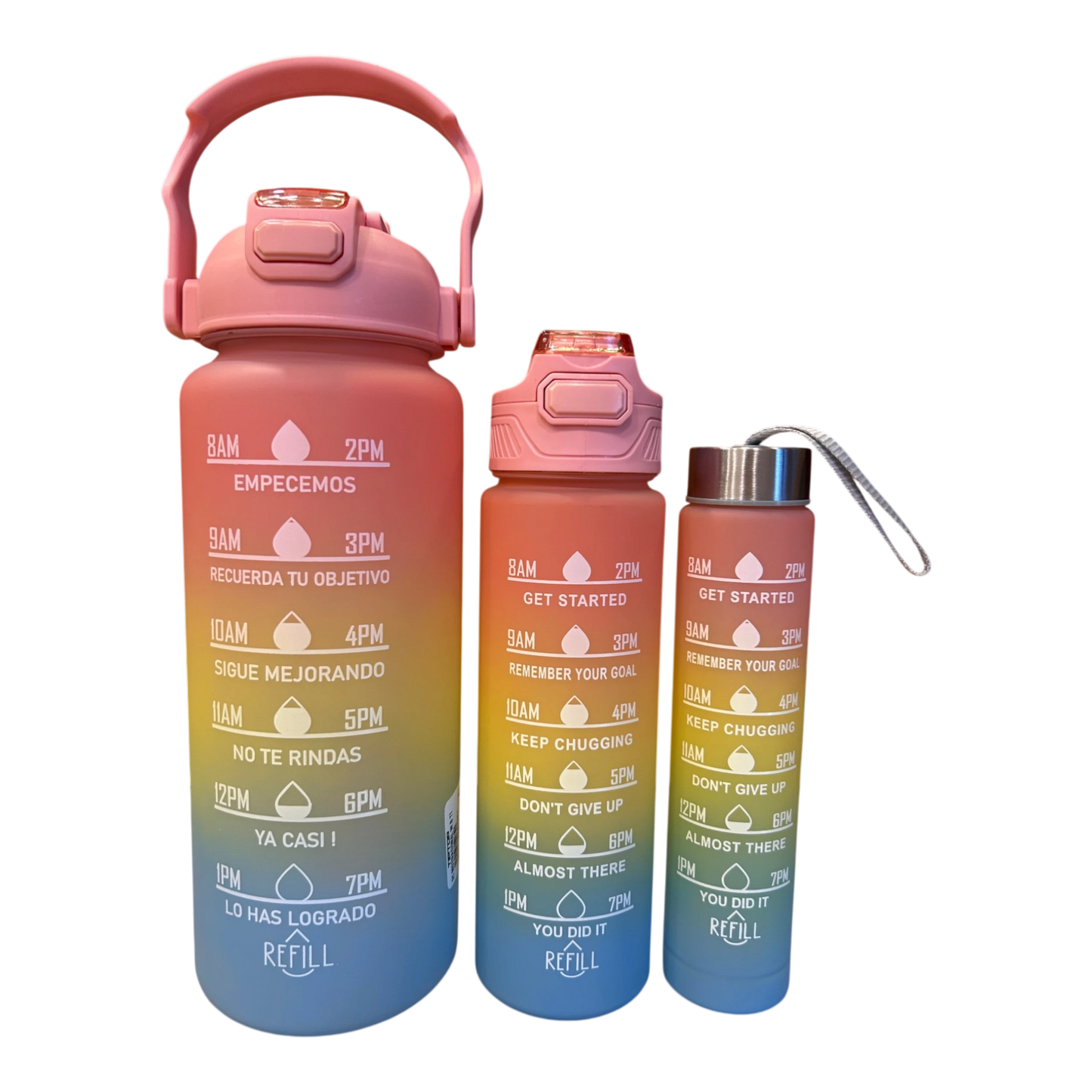 Motivational Water Bottle 3pcs Set with Time Markers Water Lines | 2000ml, 630ml,270ml | Hydration bottle for gym, school & office