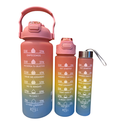 Motivational Water Bottle 3pcs Set with Time Markers Water Lines | 2000ml, 630ml,270ml | Hydration bottle for gym, school & office