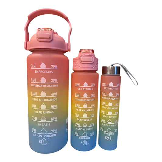 Motivational Water Bottle 3pcs Set with Time Markers Water Lines | 2000ml, 630ml,270ml | Hydration bottle for gym, school & office