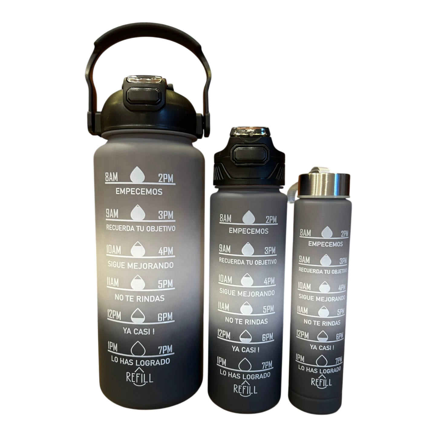 Motivational Water Bottle 3pcs Set with Time Markers Water Lines | 2000ml, 630ml,270ml | Hydration bottle for gym, school & office