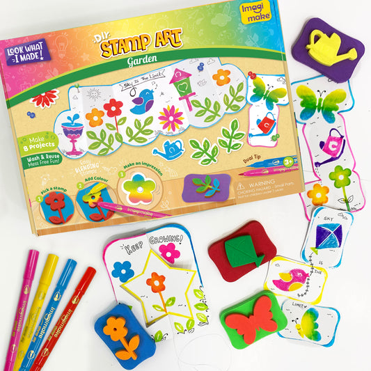 Imagimake Garden Stamp Art Kit for Kids - 9 Reusable Stamps, 4 Mess-Free Pens