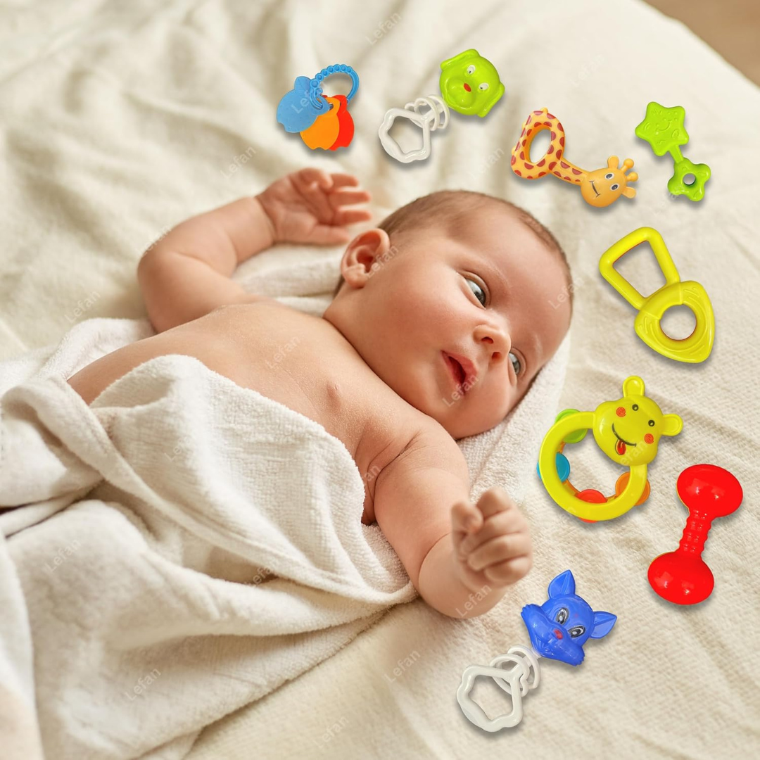 8 Pcs Rattle Set with Teathers for Newborn Baby.