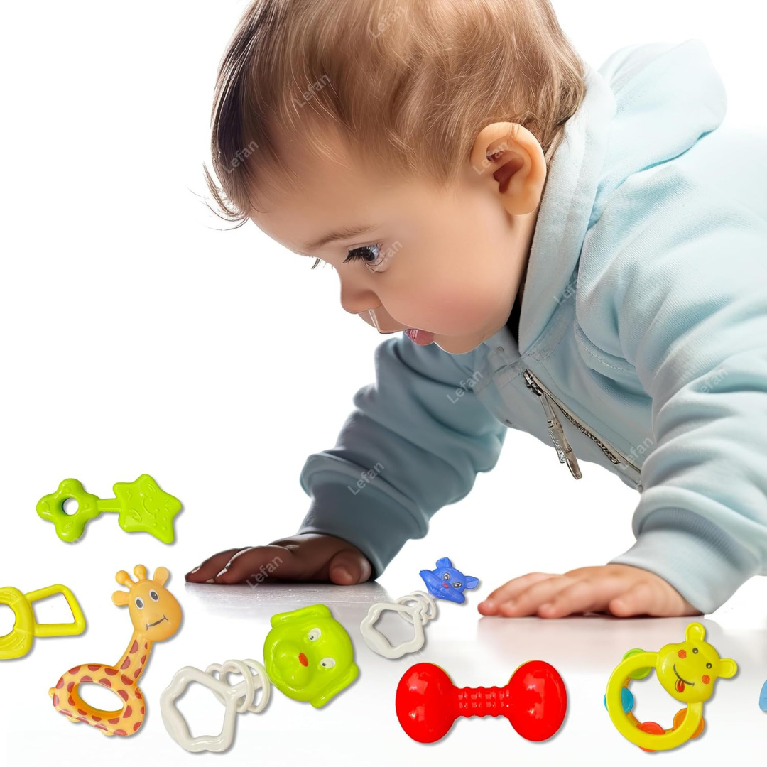 8 Pcs Rattle Set with Teathers for Newborn Baby.
