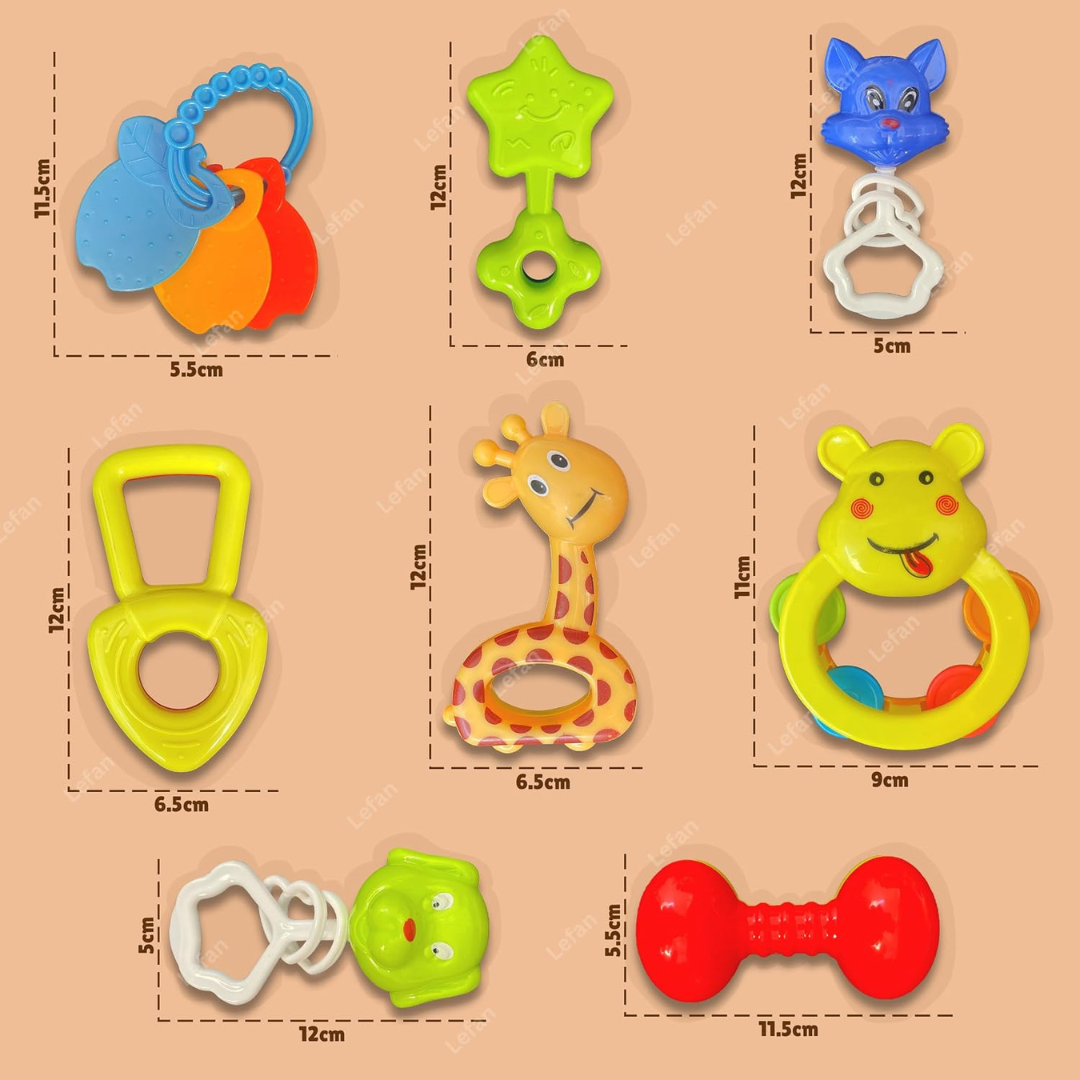 8 Pcs Rattle Set with Teathers for Newborn Baby.