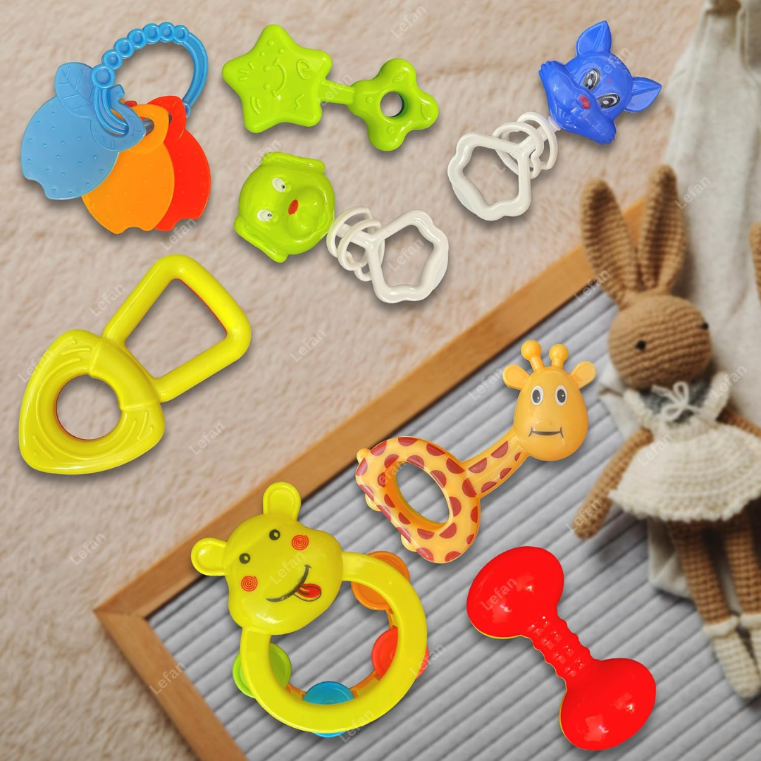 8 Pcs Rattle Set with Teathers for Newborn Baby.