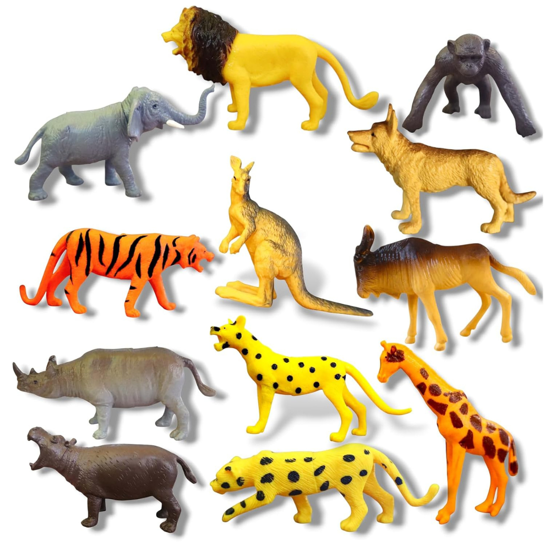 NIYANA Toy Figurines, 12 Piece Wild Animal Set with Lion, Tiger, Elephant, Giraffe, Gorilla, Rhino, Hippo, Kangaroo, German Shepherd, Leopard, Wildebeest, Hand-Painted Figures, Multicolour,