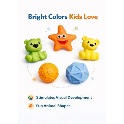 Prime Brands Chu Chu Toys Silicone Baby Bath Toys – Soft Squeeze Toys for Babies & Toddlers Green Bear, Yellow Bear, Starfish, Numeric Ball & Polyhedron Ball