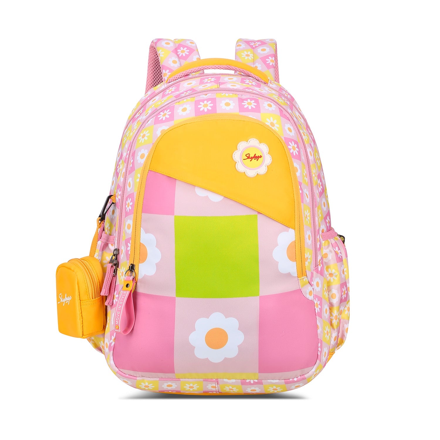 Skybags Pearl 30L School Backpack Pink Yellow with Rain Cover
