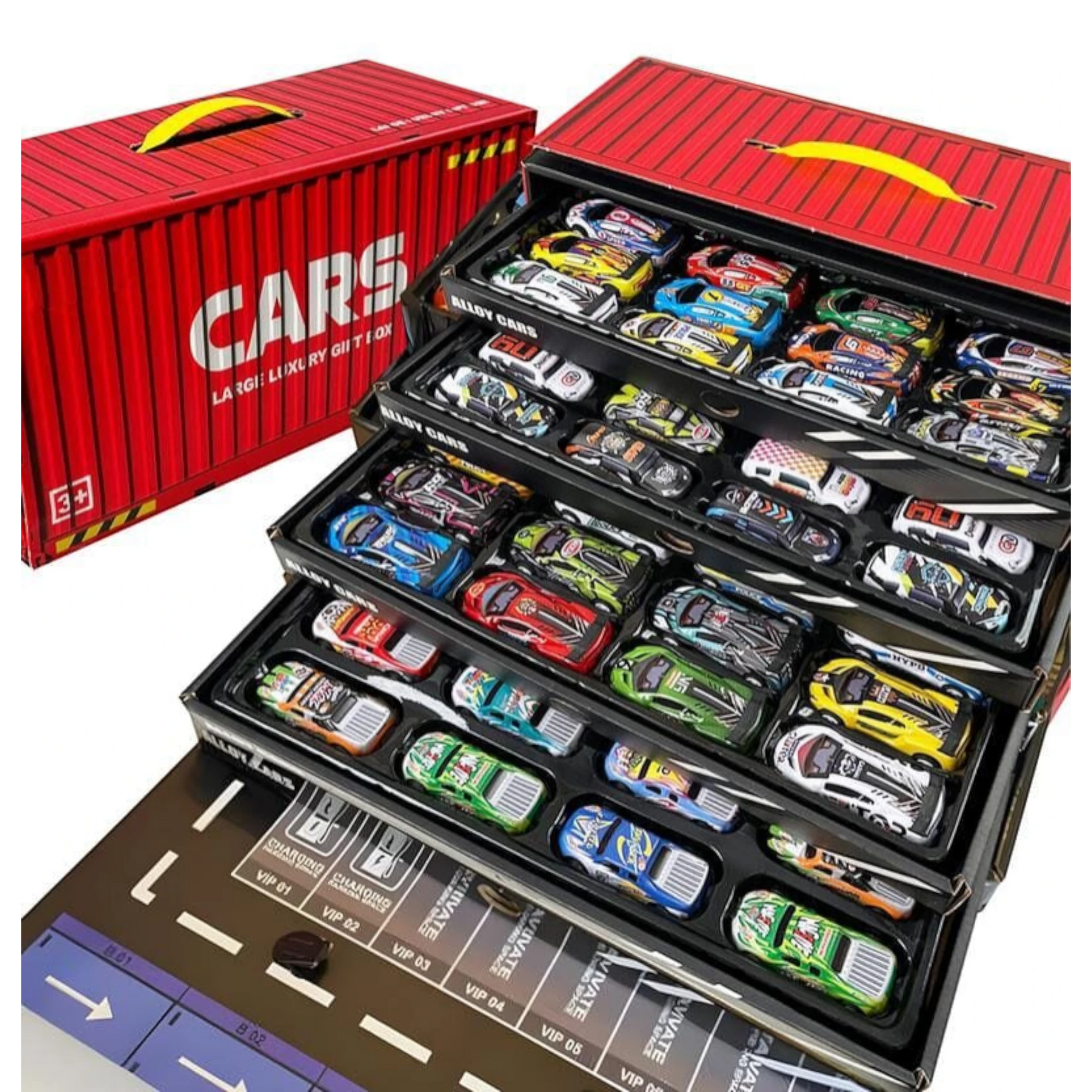 TIPTOP 48pcs Pull Back Cars Set, Alloy Racing Car, Toy Set with Container Storage & Foldable Road Map Play Mat, Friction Powered Vehicles for Kids Boys & Girls