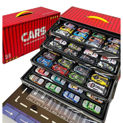 TIPTOP 48pcs Pull Back Cars Set, Alloy Racing Car, Toy Set with Container Storage & Foldable Road Map Play Mat, Friction Powered Vehicles for Kids Boys & Girls