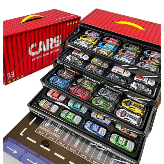 TIPTOP 48pcs Pull Back Cars Set, Alloy Racing Car, Toy Set with Container Storage & Foldable Road Map Play Mat, Friction Powered Vehicles for Kids Boys & Girls